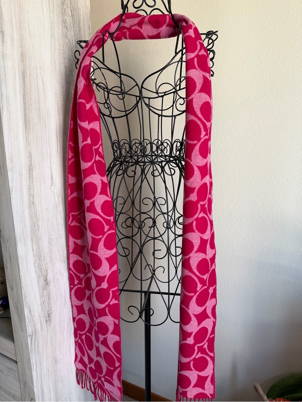 Coach Hot Pink Logo Fringe Scarf